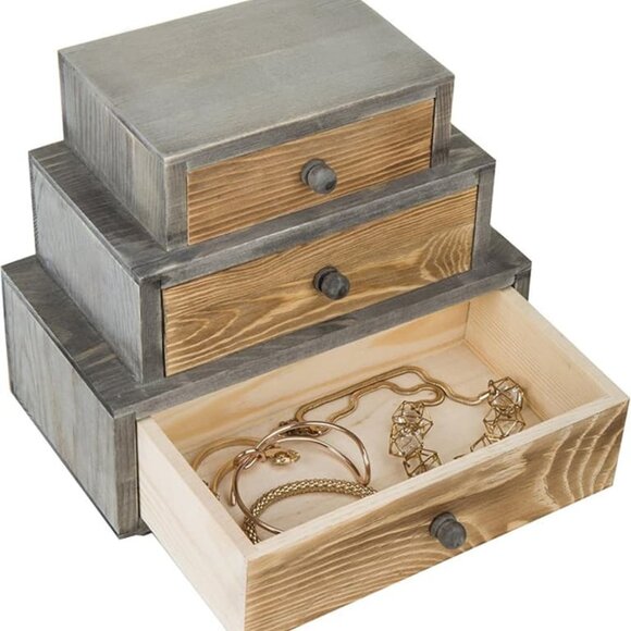 NEW 3 Drawer Rustic Wooden Jewelry and Cosmetic Vanity Organizer - Picture 4 of 8